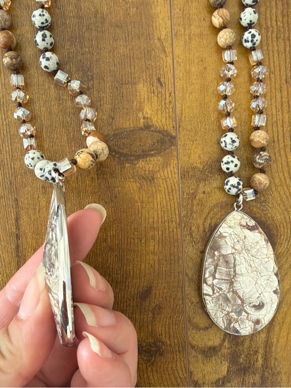 Dylan Rochelle Long Beaded Dalmatian Jasper Natural Stone Pendant Necklace NWT - Picture 3 of 6